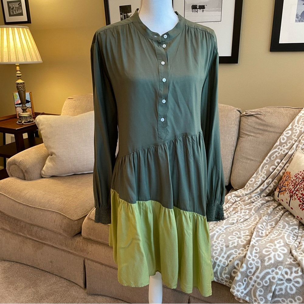 Anthropologie NWT Green Moss Ombré Tiered Asymmetrical Long Sleeve Dress Size L